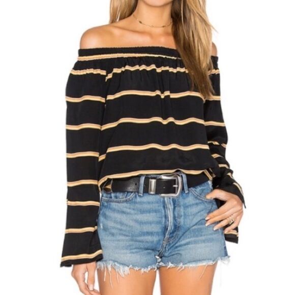 Faithful The Brand Off The Shoulder Bell Sleeve Dream Top Black Nobis Stripe 6 - Picture 1 of 9